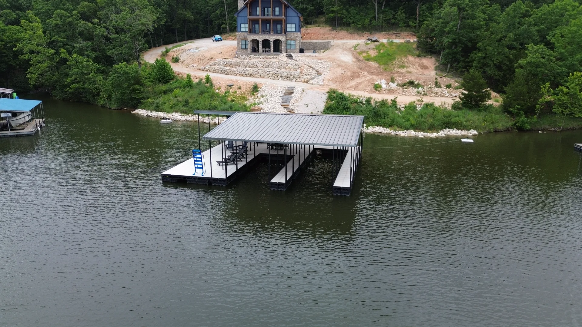 Finished rip rap shoreline along a residential lakefront